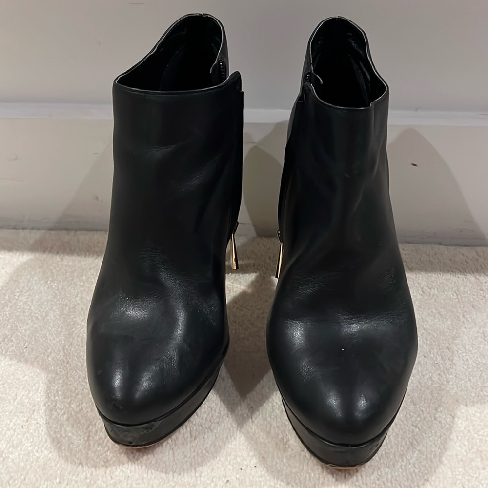 Vince Camuto- Black Gold Leather Dira Ankle Bootie Platform Stiletto